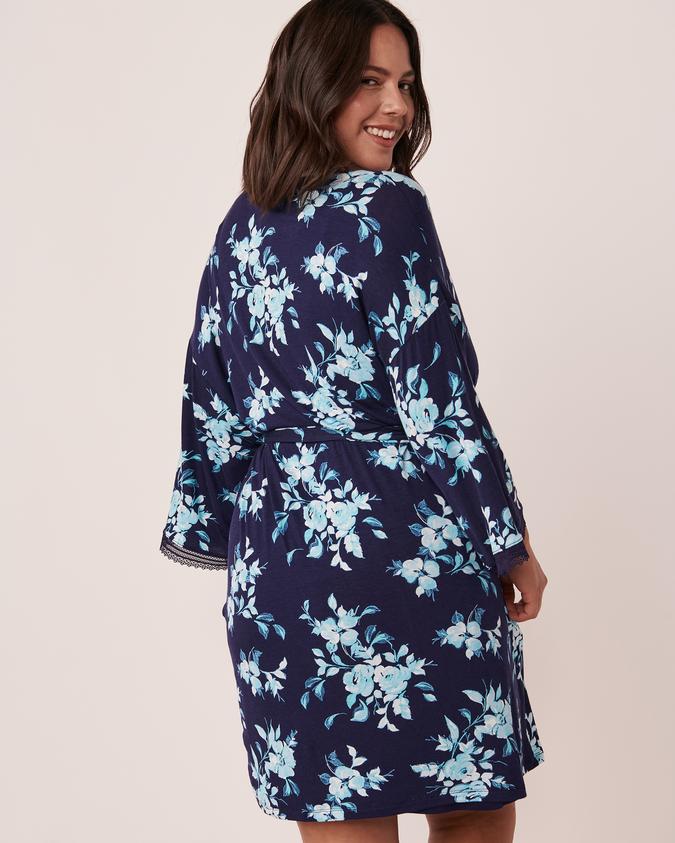 la Vie en Rose Women’s Navy floral Soft Jersey Lace Trim Kimono