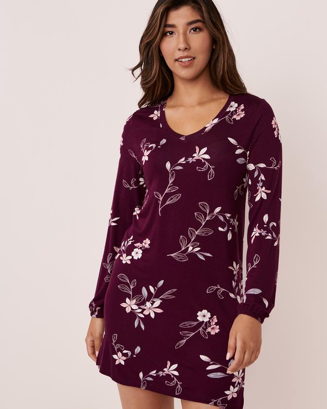 la Vie en Rose Women’s Floral burgundy Soft Knit Long Sleeve Sleepshirt