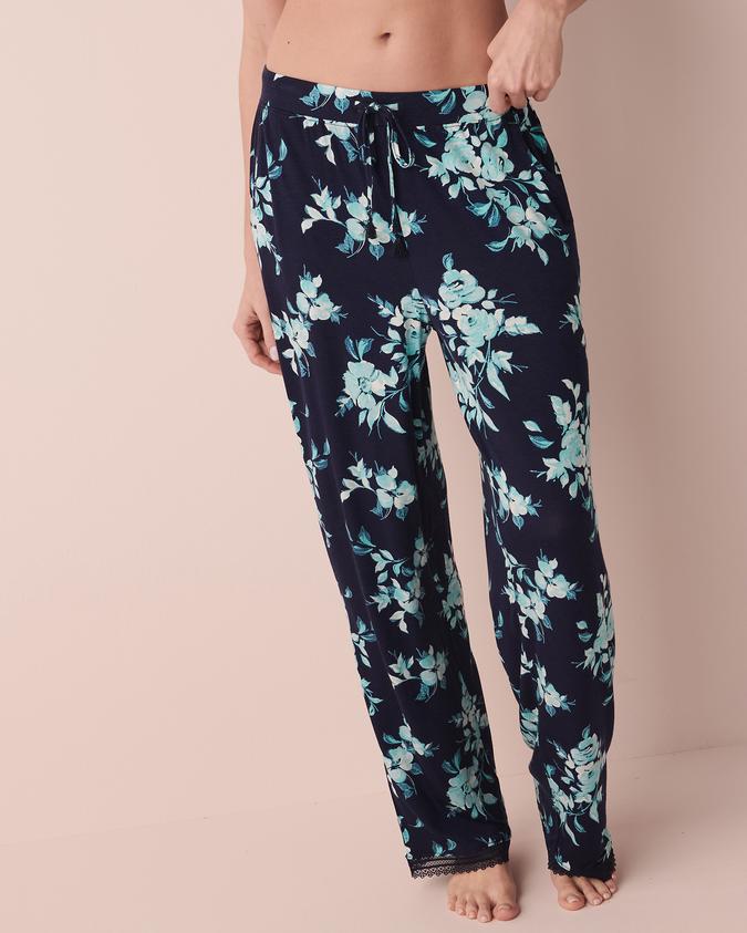 la Vie en Rose Women’s Navy floral Soft Jersey Lace Trim Pants