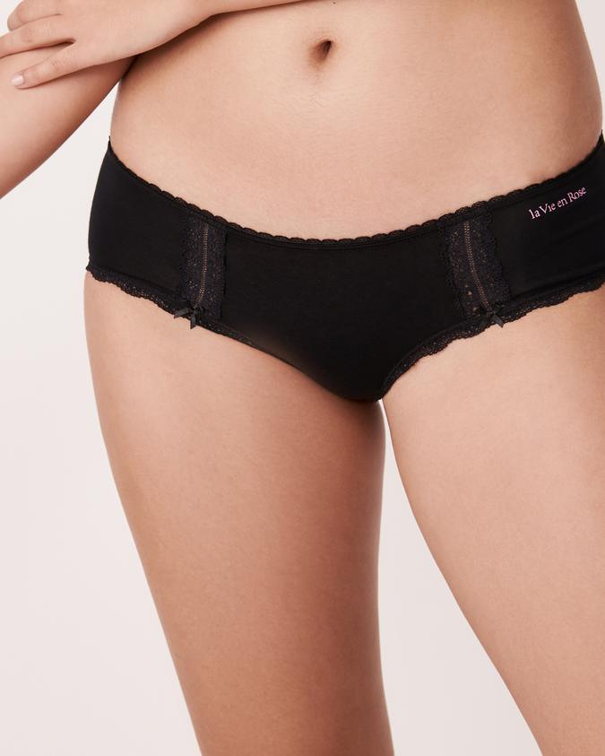 la Vie en Rose Women’s Black Cotton and Lace Detail Hiphugger Panty