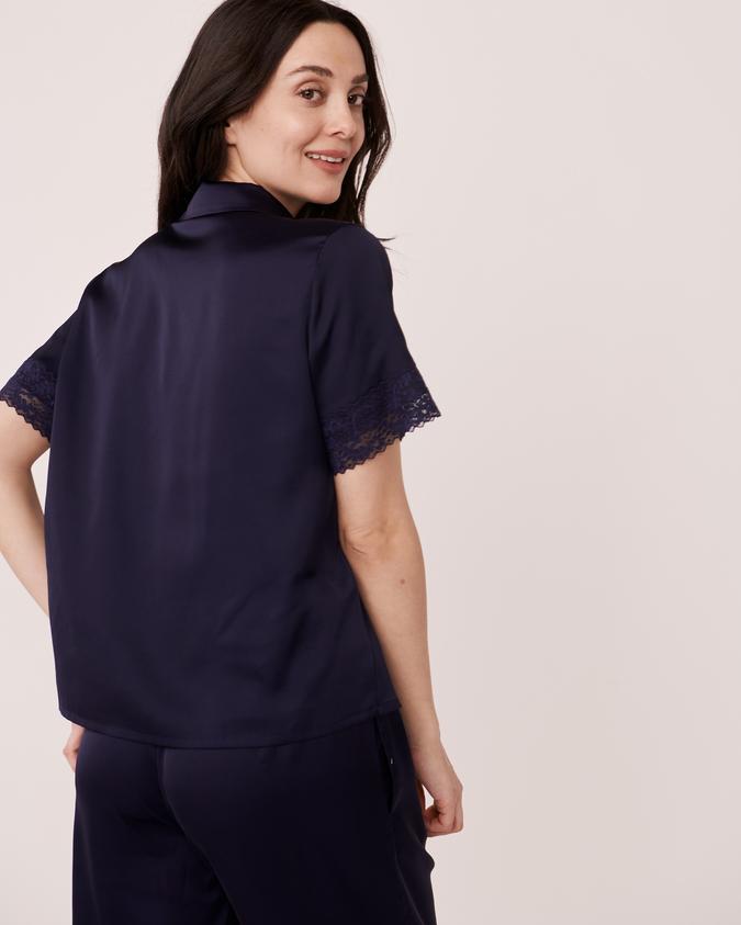 la Vie en Rose Women’s Maritime blue Satin and Lace Trim Button-down Shirt