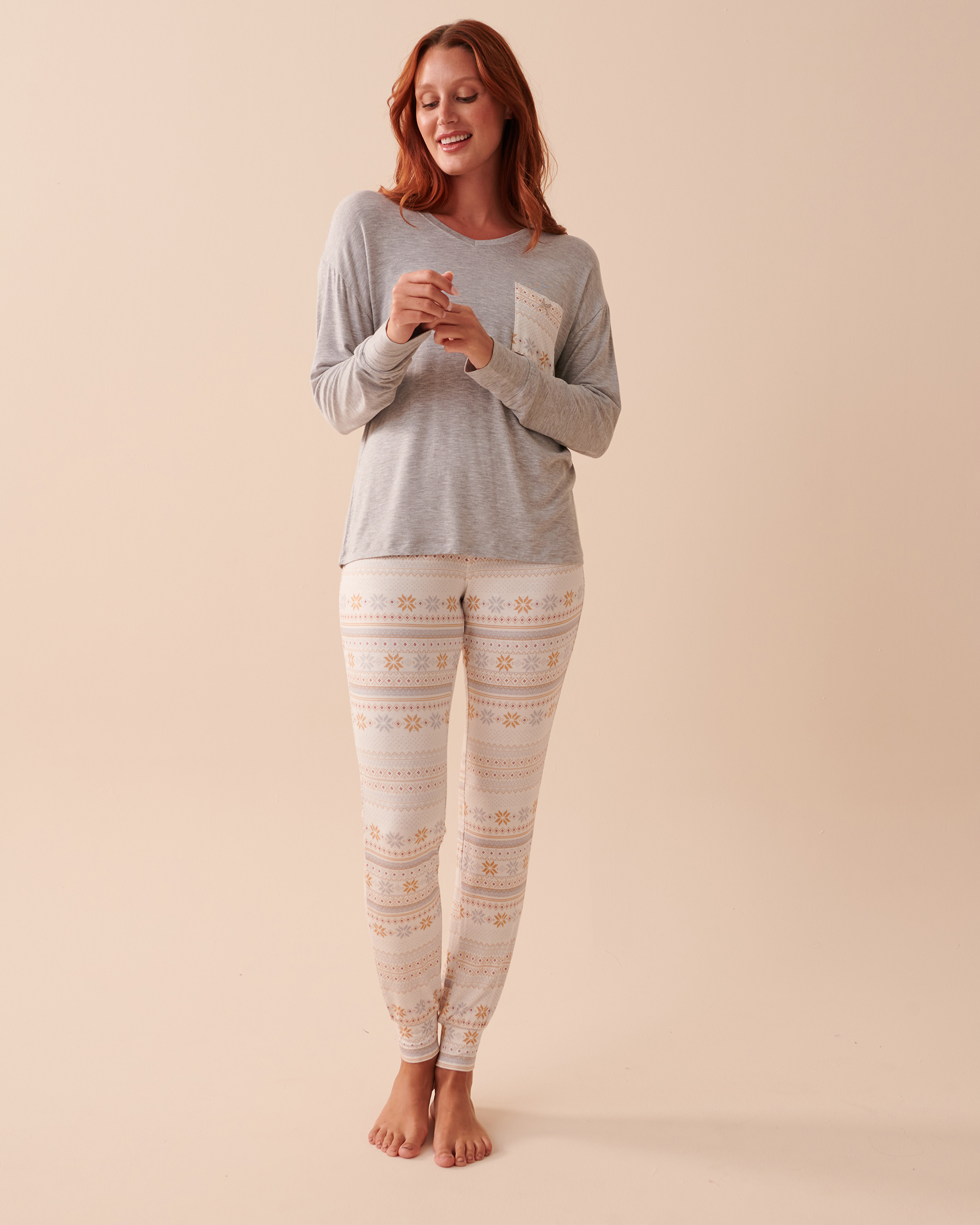 la Vie en Rose Women’s Grey and Caramel Fair Isle Fair Isle PJ Set