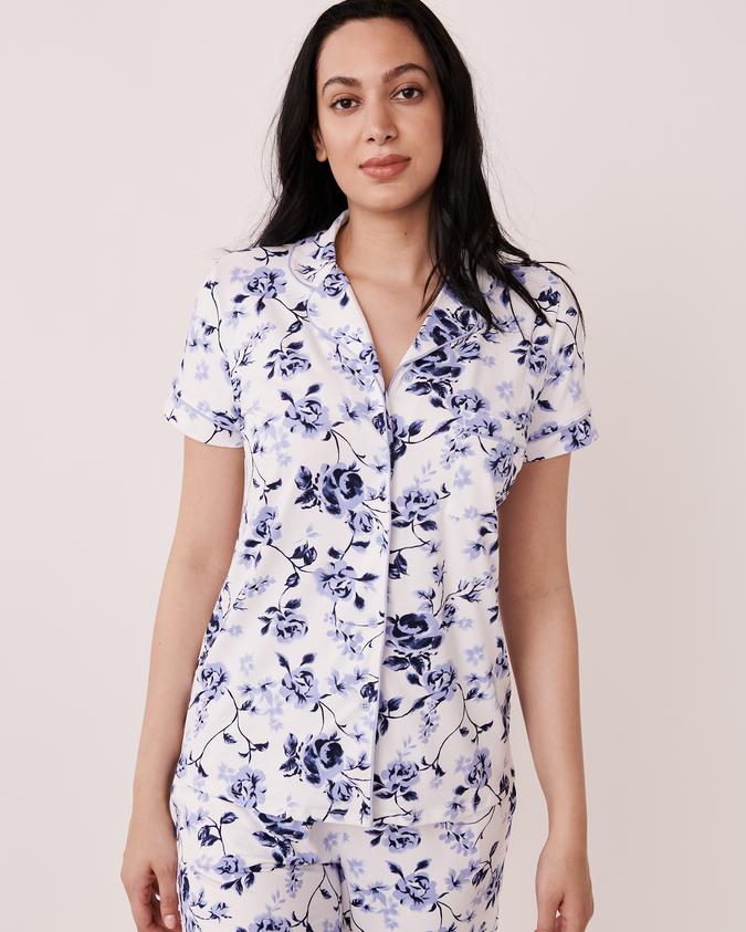la Vie en Rose Women’s Two tone floral Super Soft Short Sleeve Button-down Shirt