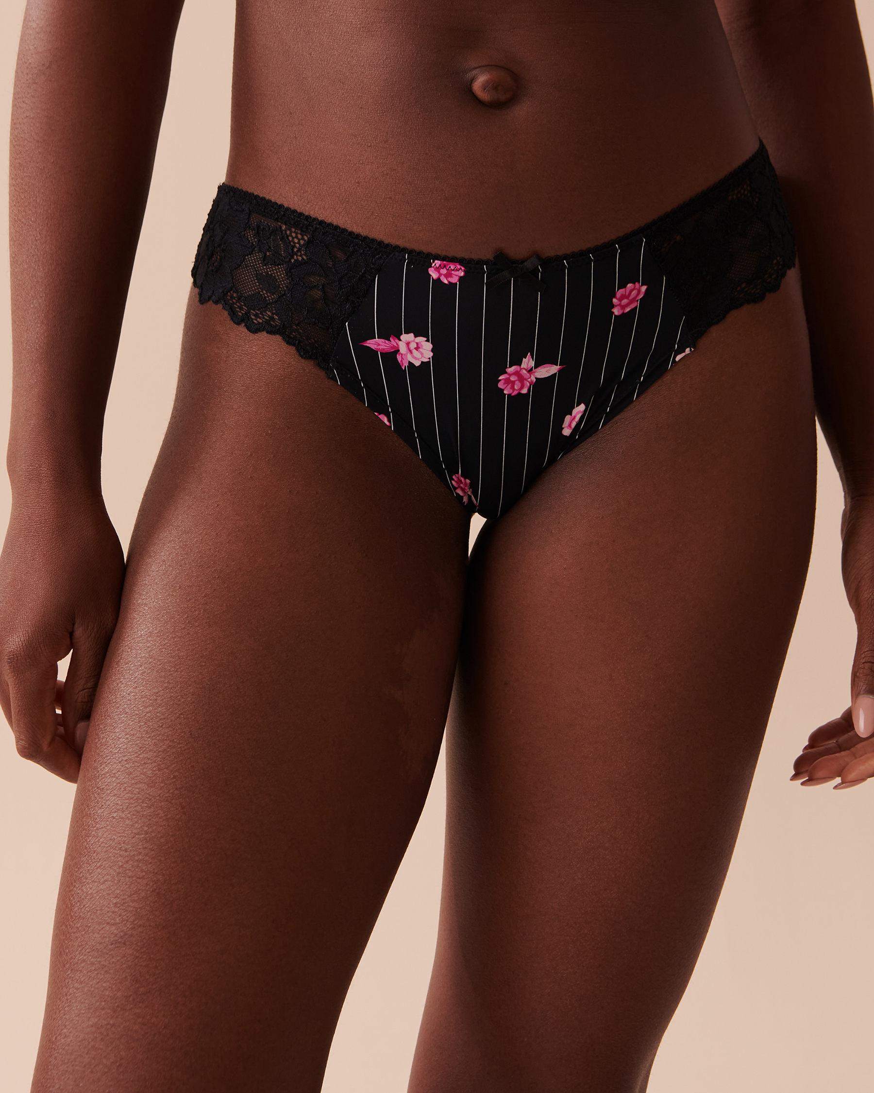 la Vie en Rose Women’s Black Striped Roses Microfiber and Lace Bikini Panty