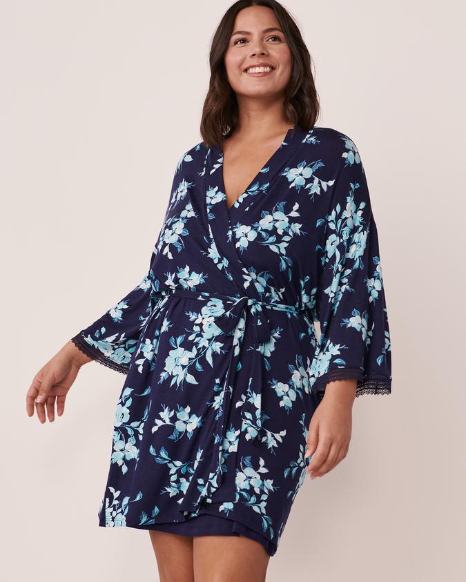 la Vie en Rose Women’s Navy floral Soft Jersey Lace Trim Kimono