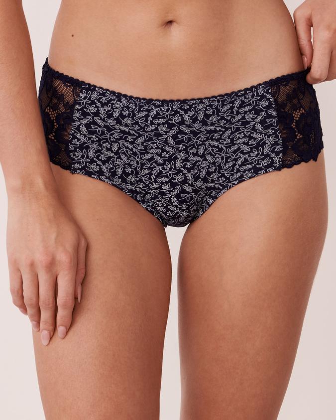 la Vie en Rose Women’s Navy outline foliage Cotton and Scalloped Lace Detail Hiphugger Panty