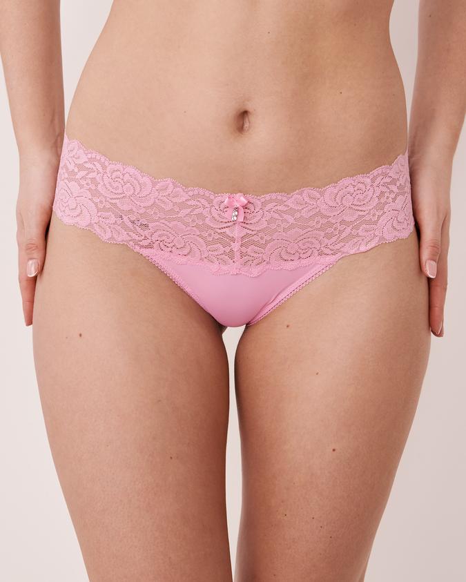 la Vie en Rose Women’s Hot pink Microfiber and Wide Lace Band Thong Panty