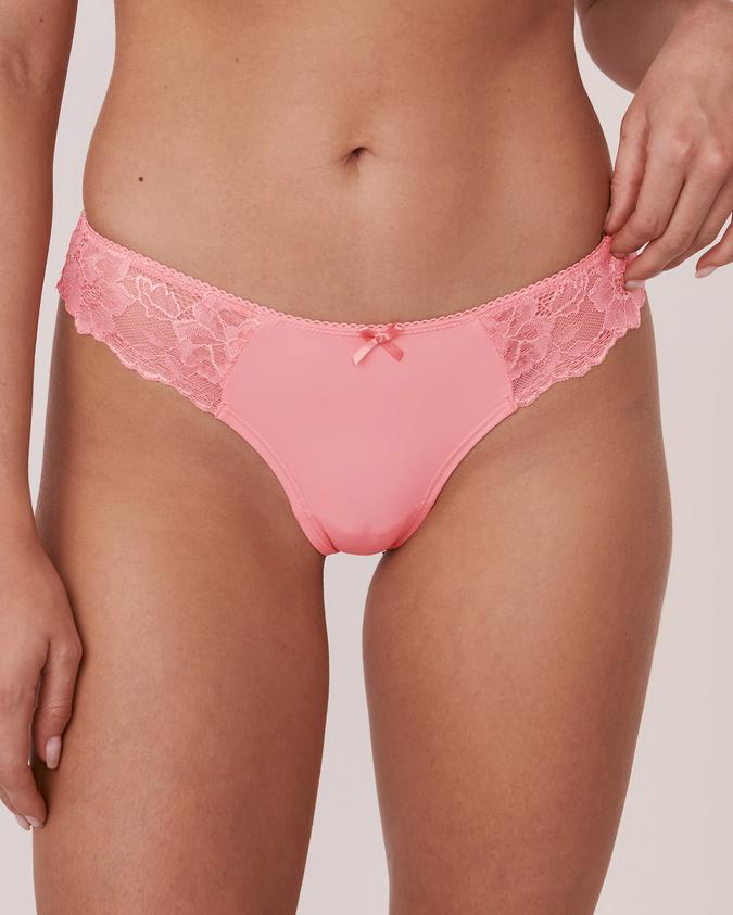la Vie en Rose Women’s Flamingo pink Microfiber and Lace Thong Panty